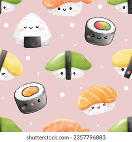 Seamless pattern adorable sushi Japanese food Printable for fabric Book Cafe Wrapping paper Watercolor style