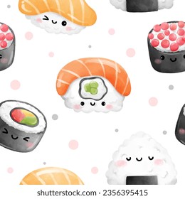 Seamless pattern adorable sushi on white Japanese food Printable for fabric Book Cafe Wrapping paper Watercolor style