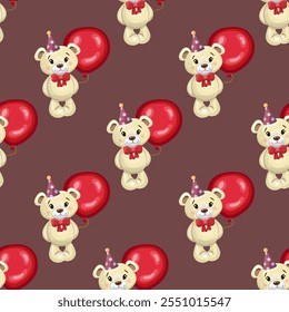 Seamless Pattern of Adorable Teddy Bear with Heart Balloon for Birthday Celebration