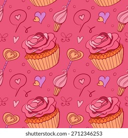 Seamless pattern with adorable Valentine doodles: hearts, gifts, arrows, and romantic icons. Playful hand-drawn style for wrapping paper, textiles, wallpapers, and holiday backgrounds.