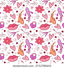 Seamless pattern with adorable Valentine doodles: hearts, gifts, arrows, and romantic icons. Playful hand-drawn style for wrapping paper, textiles, wallpapers, and holiday backgrounds.