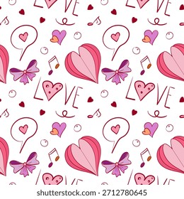Patrón sin fisuras con adorables garabatos de San Valentín: corazones, regalos, flechas e iconos románticos. Estilo divertido dibujado a mano para envolver papel, textiles, Fondos de pantalla y fondos de vacaciones.