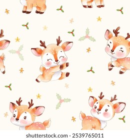 Seamless pattern of adorable watercolor fawns with festive stars and holly.