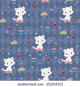 Seamless pattern with adorable white kitten, flowers, raspberries and muffins