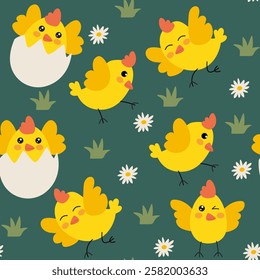 Seamless pattern with adorable yellow chicks, symbolizing spring and Easter. This cute design is perfect for holiday decor, greeting cards, textiles, and wrapping paper, bringing a joyful and festive 