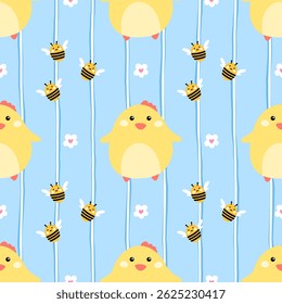 Seamless pattern with adorable yellow chicks, bees, and flowers in a kawaii style. Cute vector background perfect for baby textiles and spring-themed designs
