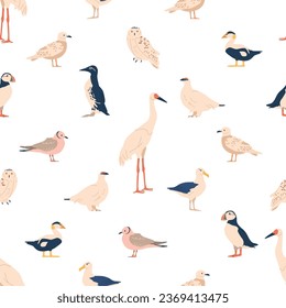 Seamless Pattern Adorned With Arctic Birds, Puffin, Snowy Owl, Arctic Tern, Common Eider, Guillemot, Sanderling, Gull