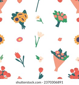 Seamless Pattern Adorned With Charming Flower Bouquets, Perfect For Adding A Touch Of Elegance And Nature Beauty