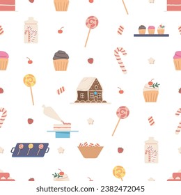 Seamless Pattern Adorned With Delectable Pastries Like Cupcakes, Candy Canes, Cakes And Lollipops, Vector Illustration