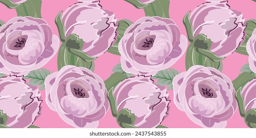 Seamless pattern adorned with delicate pink peonies on a soft pastel pink background. Great for textile, paper wallpaper, surface