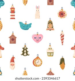 Seamless Pattern Adorned With Festive Christmas Toys, Featuring Joyful Motifs Like Pine Tree, Rabbit, Icicle, Bird