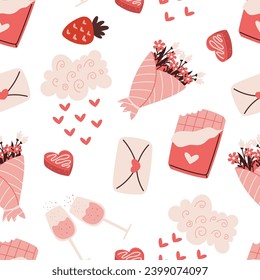Seamless Pattern Adorned With Romantic Valentine Day Elements Such As Hearts, Flowers, Strawberry and Envelopes, Wineglasses, Creating A Charming And Love-filled Design. Cartoon Vector Illustration