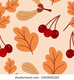 Seamless Pattern Adorned With Vibrant Autumn Leaves And Berries, Creating A Warm And Inviting Seasonal Design, Adding A Touch Of Nature Beauty To Textile or Wallpaper. Cartoon Vector Illustration