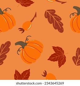Patrón Sin Precedentes Con Vibrantes Hojas De Otoño Y Calabazas De Madera, Creando Un Diseño Cálido Y Acogedor Perfecto Para Decoraciones De Temporada, Papeles, Textiles Y Pinturas. Ilustración del vector de dibujos animados