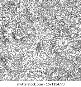 Seamless pattern for adult antistress coloring book. Black and white paisley ornament for textiles. Hand drawn turkish cucumber print. Ethnic and tribal motifs. Vector illustration.