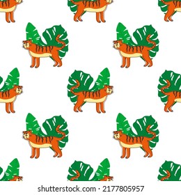 Seamless pattern of adult big red tiger wildlife and fauna theme cartoon animal design flat vector illustration on white background EPS