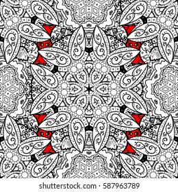 Seamless pattern for adult coloring book. Floral doodle. Ethnic, floral, retro, doodle, vector, tribal design element. Zentangle style. Red background.