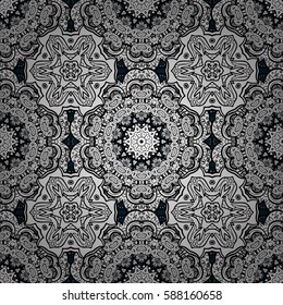 Seamless pattern for adult coloring book. Floral doodle. Ethnic, floral, retro, doodle, vector, tribal design element. Zentangle style. Blue background.