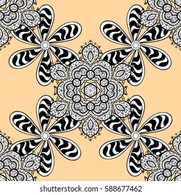 Seamless pattern for adult coloring book. Floral doodle. Ethnic, floral, retro, doodle, vector, tribal design element. Zentangle style. Beige background.