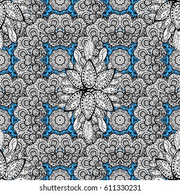 Seamless pattern for adult coloring book. Floral doodle. Ethnic, floral, retro, doodle, vector, tribal design element. Zentangle style. Blue background.
