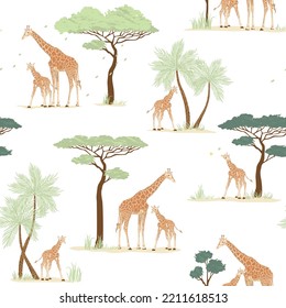 Seamless pattern of adult giraffe and cubs with palm, African umbrella thorn acacia trees. Safari landscape illustration. Vector realistic drawing perfect for fabrics, wallpaper, apparel.