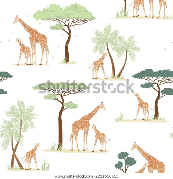 Seamless pattern of adult giraffe and cubs with\
palm, African umbrella thorn acacia trees. Safari landscape\
illustration. Vector realistic drawing perfect for fabric, textile,\
wallpaper, apparel.