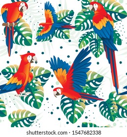 Seamless pattern of adult parrot of red-and-green macaw Ara (Ara chloropterus) with green tropical leaves cartoon bird design flat vector illustration on white background