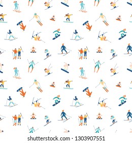 Seamless pattern with adults and children in winter snow suits snowboarding and skiing. Backdrop with male and female cartoon ski and snowboard riders. Flat cartoon vector illustration for wallpaper.