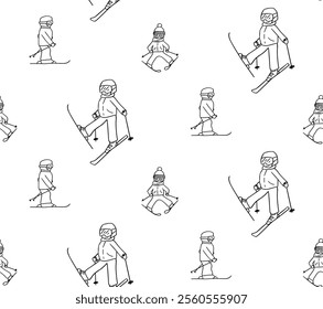 Seamless pattern with adults and children in winter snow suits skiing. Backdrop with graphic line ski riders. vector illustration for wallpaper.
