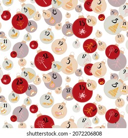 Seamless pattern Advent Calendar with Christmas balls on white. Colorful christmas balls with number of the day of december. Flat lay design for textile, wrapping paper, wall art design. Vector