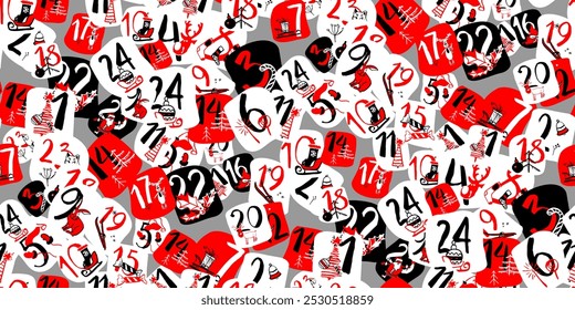 Seamless pattern Advent Calendar. Cute colorful Christmas ornaments with number of day of december. Flat lay design for textile, wrapping paper, poster, winter postcard, seasonal wallpaper. Vector