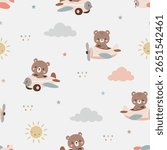 Seamless pattern adventure bear in airplane. Cute kids and baby background. For Baby shower, Greeting card, Clothing kids, Fabric print, Wallpaper, Wrapping paper. Vector illustration