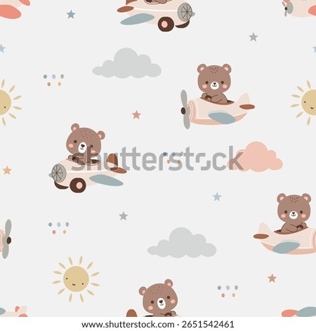 Seamless pattern adventure bear in airplane. Cute kids and baby background. For Baby shower, Greeting card, Clothing kids, Fabric print, Wallpaper, Wrapping paper. Vector illustration