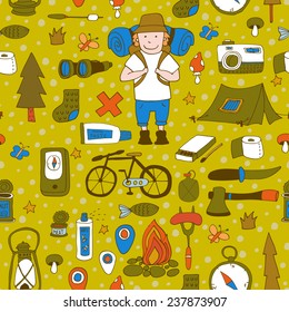 Seamless pattern with adventure equipment. EPS 10. No transparency. No gradients.