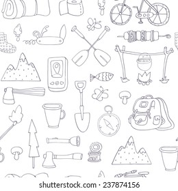 Seamless pattern with adventure equipment. EPS 10. No transparency. No gradients.