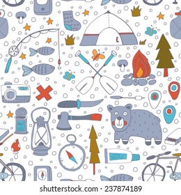 Seamless pattern with adventure equipment. EPS 10. No transparency. No gradients.