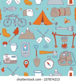 Seamless pattern with adventure equipment. EPS 10. No transparency. No gradients.
