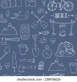 Seamless pattern with adventure equipment. EPS 10. No transparency. No gradients.