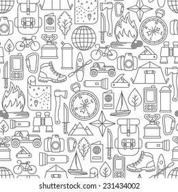 seamless pattern with adventure travel line icons