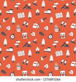 Seamless pattern with adventure travel outdoor camping icons.