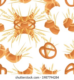 Seamless pattern advertising flyer design with bakery croissants products for bakery shop cartoon food flat vector illustration on white background