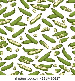Seamless pattern with Aehobak or Korean zucchini or Korean courgette. Summer squash. Fruits and vegetables. Clipart. Vector illustration isolated on transparent background.