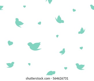 Seamless Pattern with aero blue Birds and Hearts on white background