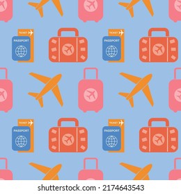 Nahtlose Muster mit Flugzeug und Gepäck. Reisende Symbole in Retro-Farbpalette. Reisehintergrund in flachem Design. Design für Druck auf Stoff, Umhüllungspapier, Verpackung. Vektorgrafik