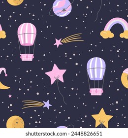 Seamless pattern with aerostats, moon, rainbow, planet and stars