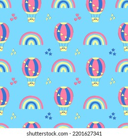 Seamless pattern aerostats and rainbow in the sky. Air balloons on blue background. Children vector illustration for fabric, textile, wallpaper
