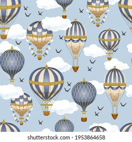 Seamless pattern with aerostats in the sky. Air balloon vintage print