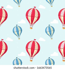 Seamless pattern with aerostats in the sky and clouds. Vector pattern.