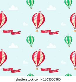 Seamless pattern with aerostats in the sky and clouds. Let's go travel.Vector pattern.