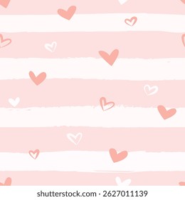 Seamless pattern with aesthetic brush and hand drawing heart. Pastel color vector illustration for wrapping paper, clothing, textile cover and others